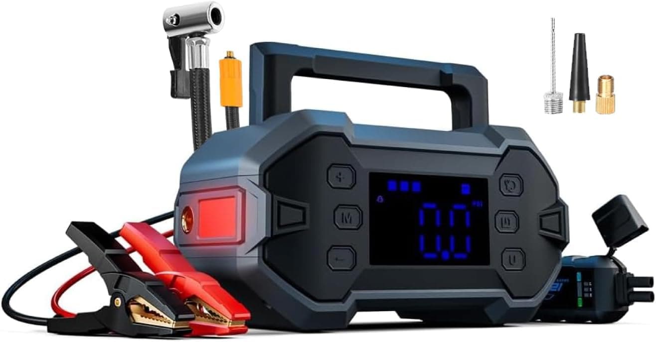 Arrancador portátil de bateria 3000A 12 V para carros: Booster potente para motores 8,0 l gasolina/diesel, com banco de energia compressor de ar de máxima eficiência, clima