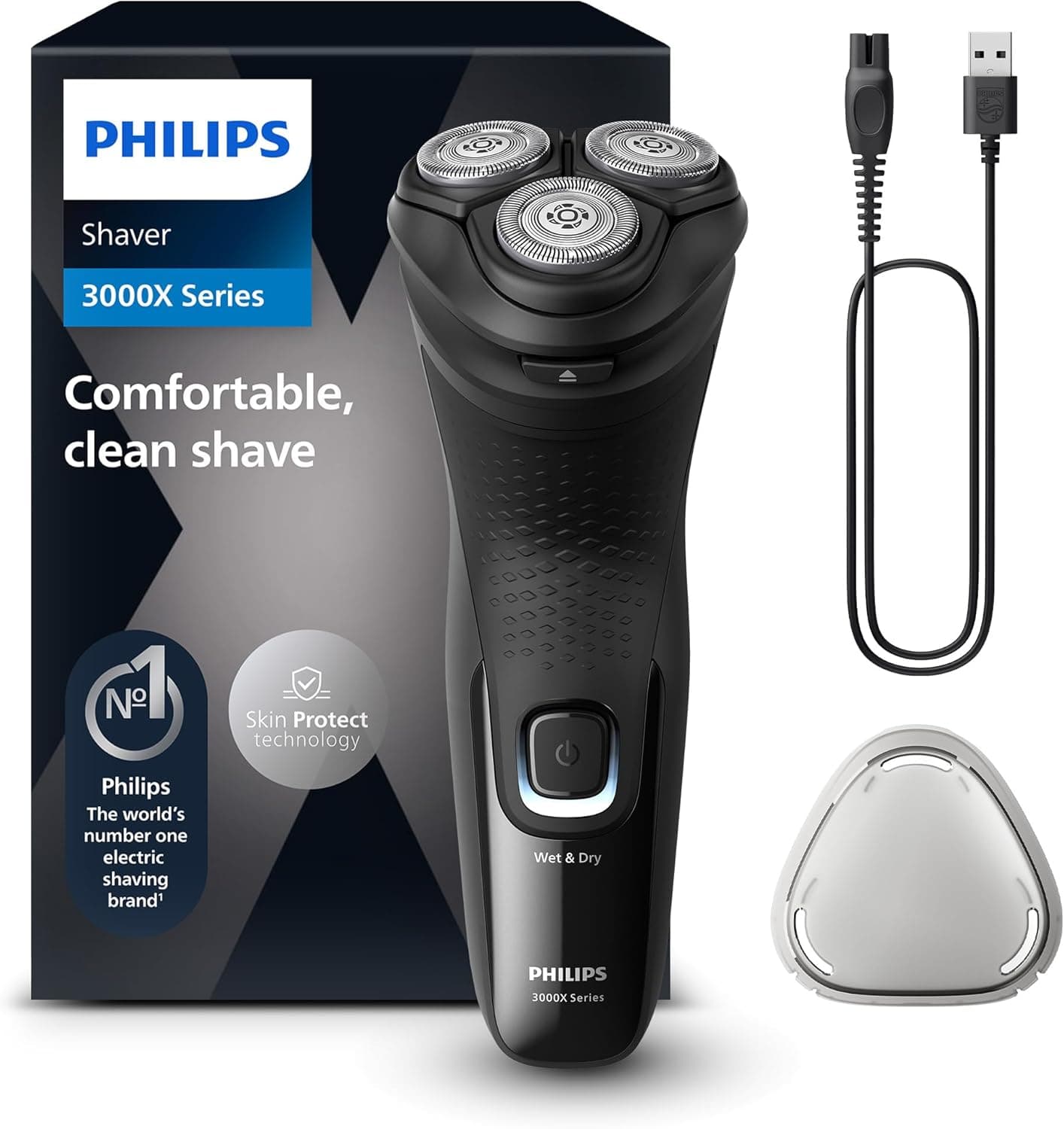 Philips Série X3000 Máquina de barbear elétrica para homem, máquina de barbear com cortinadores, 27 lâminas, cuidado da pele, 40 min de uso, seco e húmido, recarregável, X3001/00, preto