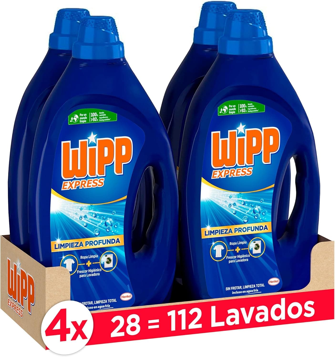 Wipp Express Limpeza profunda Plus Frescor ativa, 28 doses, conjunto de 4, total de 112 lavagens, detergente líquido para máquina de lavar com poder remover manchas, detergente para roupa