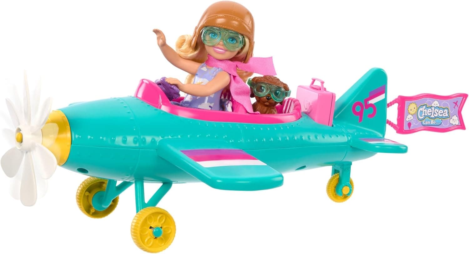 Barbie Chelsea Pode ser uma viadora de bonecas profissionais com avião, acessórios de viagem e autocolantes, brinquedo + 3 anos (Mattel HTK38)
