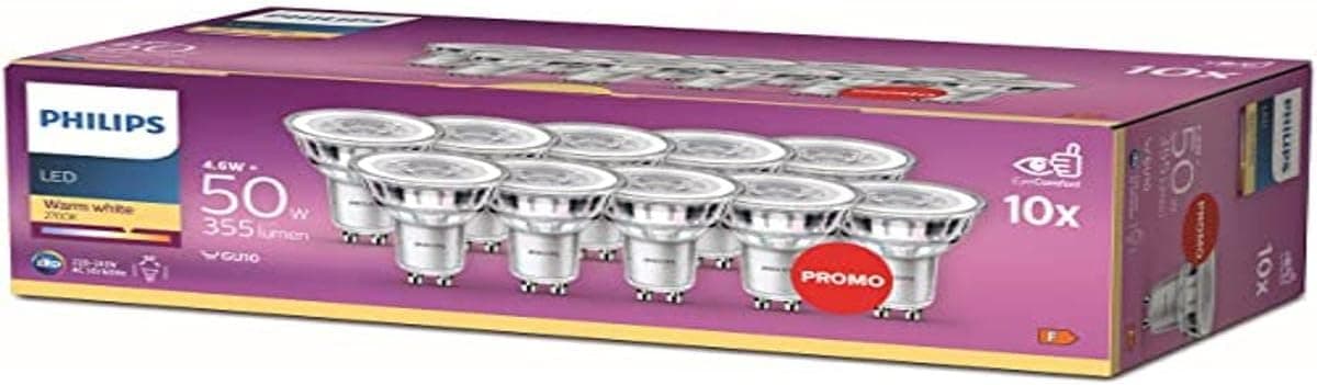 Philips LED Foco de luz pontual, foco GU10, 4,6 W (equivalente a 50). Não regulável, branco quente, 10 unidades