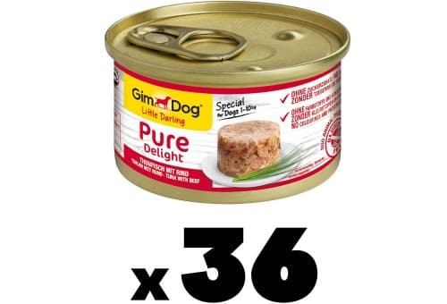 GimDog Pure Delight, atum com bovino - Snack para cães rico em proteínas, com carne macia em deliciosa gelatina - 85g x 36