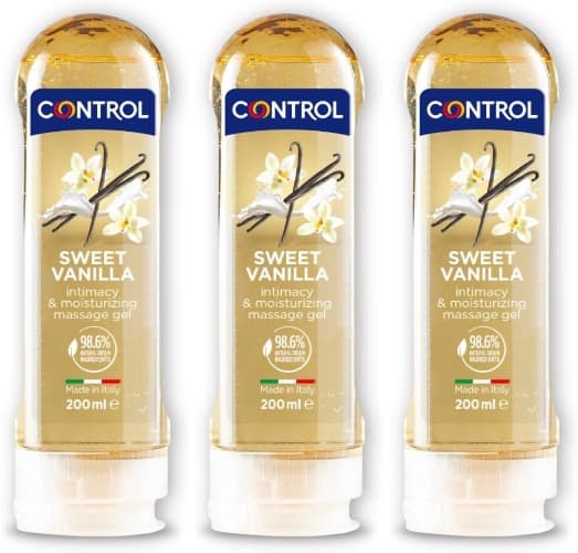 Control Madagascar Sweetness | Gel de massagem corporal 2 em 1 com aroma a baunilha e efeito calor, 200 ml x3