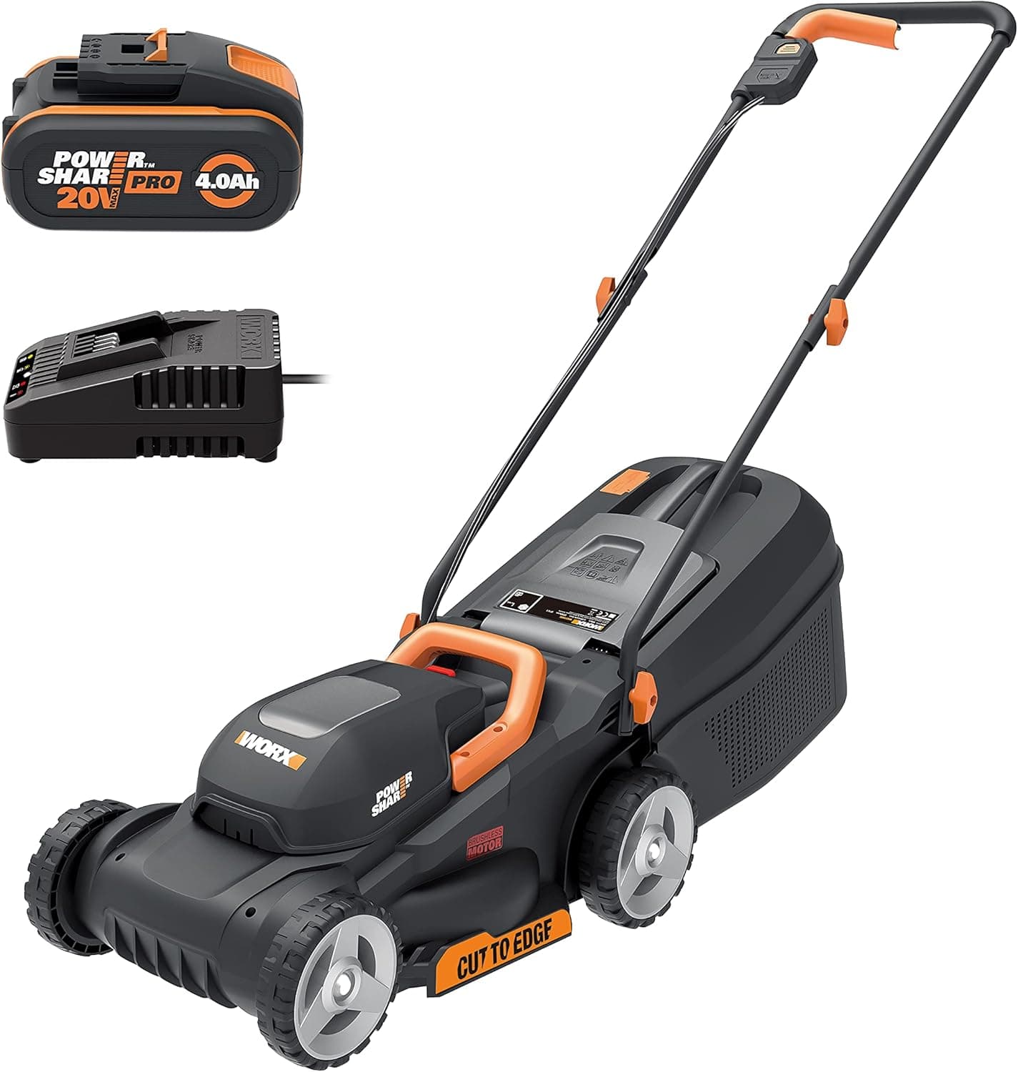 WORX WG730E Corta-relvas a bateria de 20 V Máx. 4 Ah | Fácil armazenamento e grande autonomia, PowerShare | Motor sem escovas, 30 cm de largura de corte, corte até à borda, 3 alturas de corte