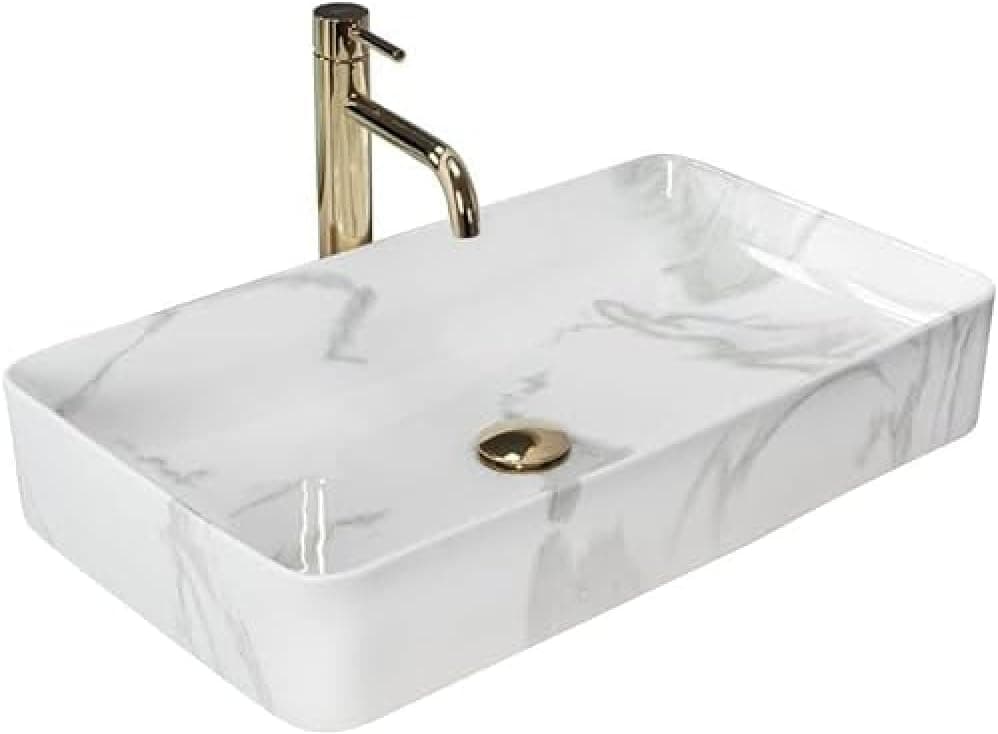 Rea Lavatório sobre bancada DENIS SHINNY MARMO lavatório de casa de banho 615 x 350 x 110 mm em cerâmica (branco, imitação de mármore)
