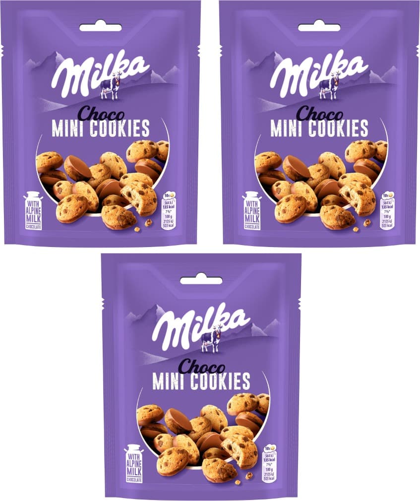 Milka Mini Cookies | Bolachas com pepitas de chocolate e cobertura de leite dos Alpes, 110 g x 3