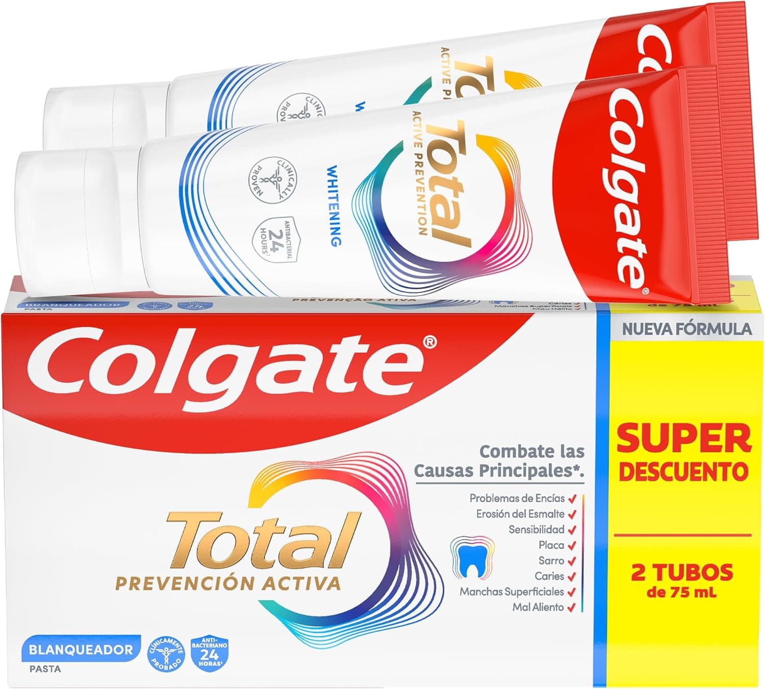 Colgate Total prevenção ativa branqueador pasta de dentes 2 x 75 ml | Combate as principais causas de problemas de saúde bucodental | 24 h de proteção antibacteriana¹ | testado clinicamente