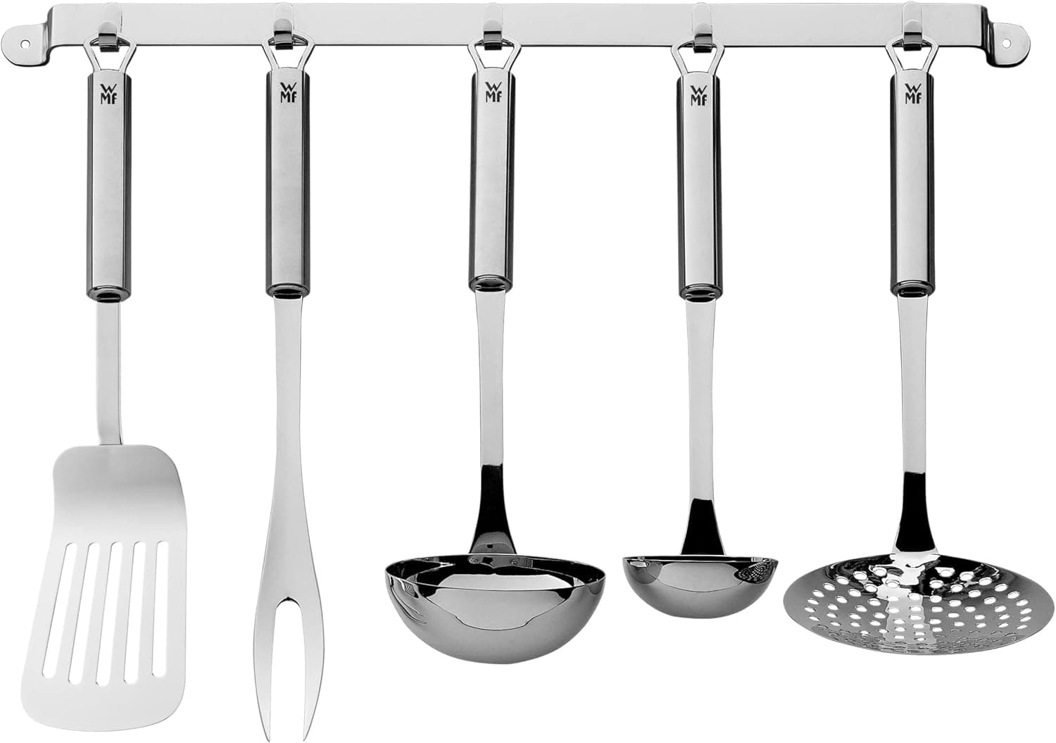 WMF Profi Plus Conjunto de cozinha de 6 peças, prateleira para pendurar com 5 ajudantes, caçamba, espumadeira, colher para molho, espátula, garfo para carne, aço inoxidável polido