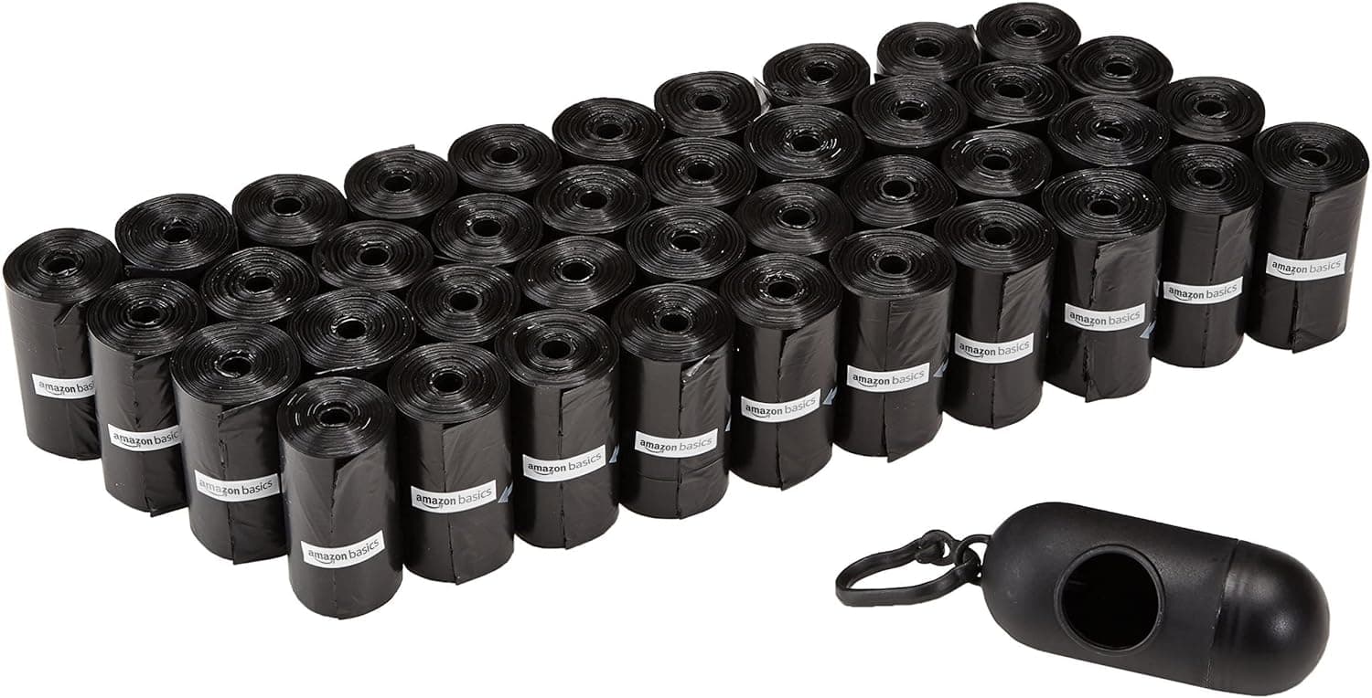 Amazon Basics - Sacos de lixo para cães com dispensador e clipe para correia, sem perfume, 600 sacos (40 embalagens de 15 sacos)