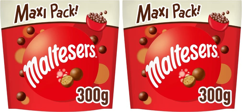 Maltesers Snack em bolinhas de leite malteado revestidas de chocolate com leite, 300 g x 2