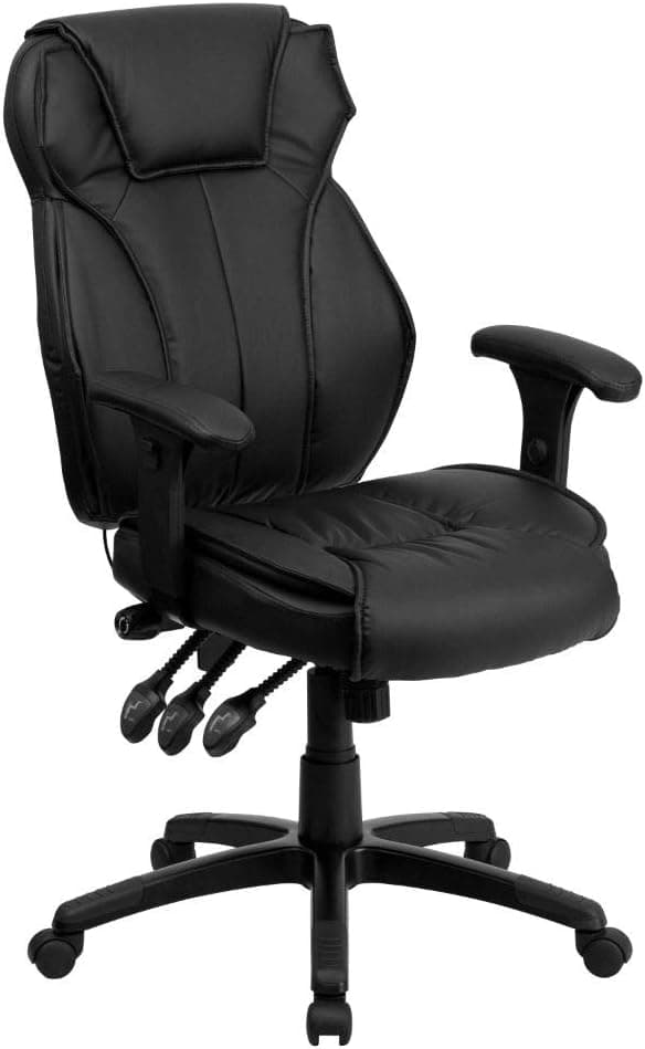 Flash Furniture LeatherSoft- Cadeira de escritório ergonómica giratória executiva multifuncional com encosto alto e botão de apoio lombar com braços, metal, preto, conjunto de 1