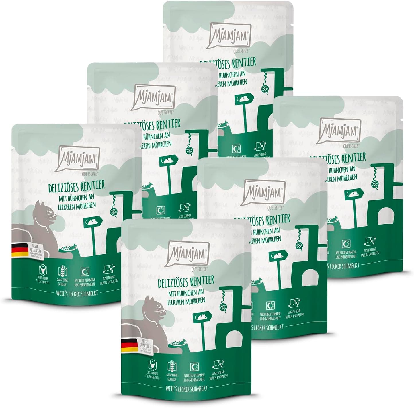 MjAMjAM Quetschie | Comida húmida premium para gato com rena, frango e cenoura sem cereais, pack de 6 x 300 g