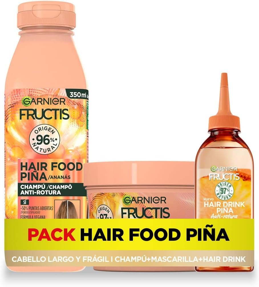 Garnier Fructis Pack champô tratamento Hair Drink máscara para cabelo comprido e frágil, com ananás anti-rutura, limpo, desembaraçado e nutre, conjunto de 3 produtos