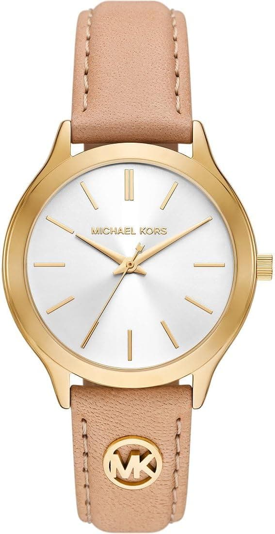Michael Kors Relógio Slim Runway para mulher, 38 mm, movimento trifuncional de quartzo com correia de couro