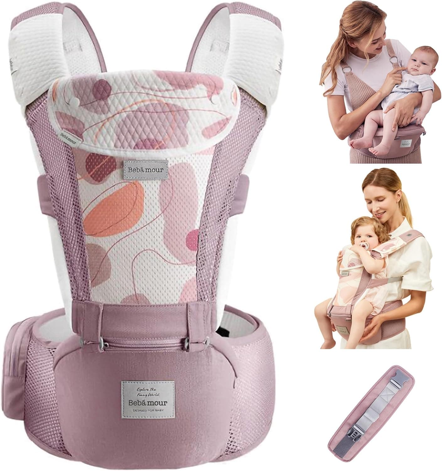 Bebear Porta-bebé, Bebamour Porta-bebés de 0 a 36 meses, mochila para bebés para recém-nascidos e crianças, assento ergonómico 3D Air Pink with Designed)