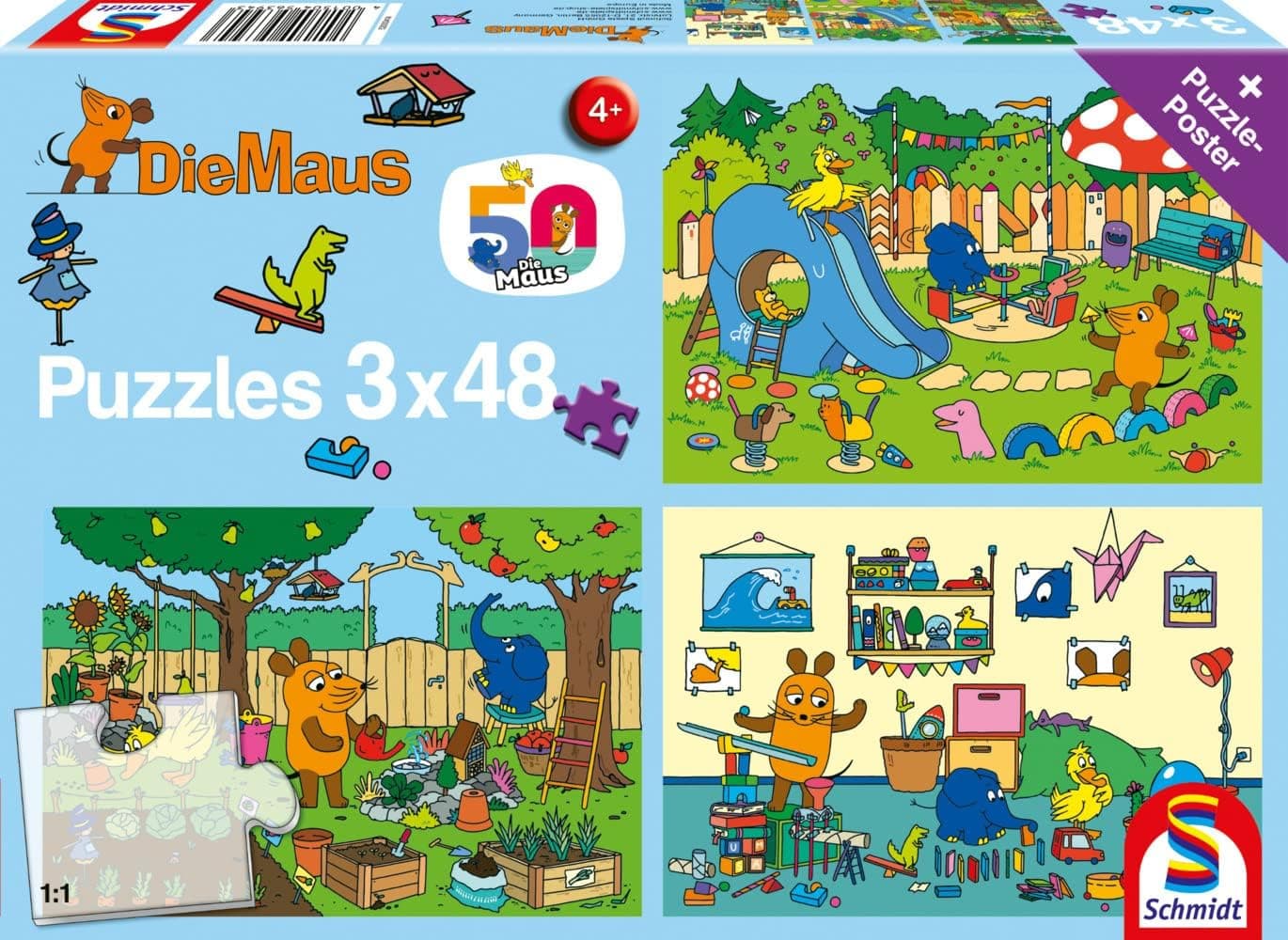 Schmidt Spiel - Sendung Mit Der Maus Mickey Mouse puzzle infantil de 3 x 48 peças, design de um dia com rato, cor carvão (56394)