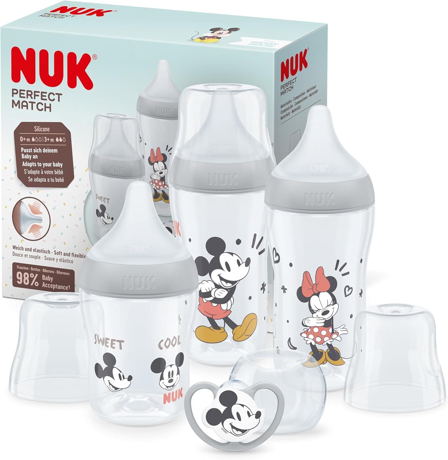 Conjunto de biberões Perfect Match da NUK 0-6 meses | adapta-se ao paladar do bebé, 3 biberões anticólicas e chupeta Space | sem BPA, Mickey Mouse da Disney, 4 unidades