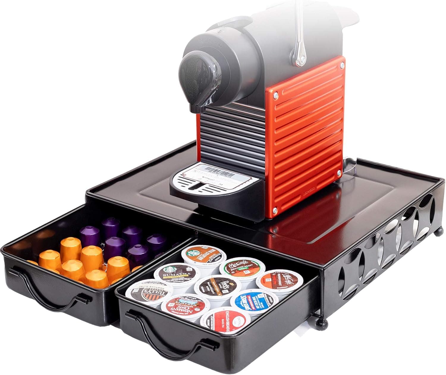 HFHOME | Gaveta metálica para cápsulas de café com 2 compartimentos compatível com Nespresso Dolce Gusto Tassimo