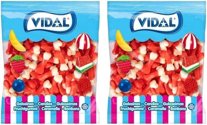 Vidal Golosinas Huesos Brillo | Gomas de morango em forma de osso branco e vermelho, 2 bolsas de 1 kg