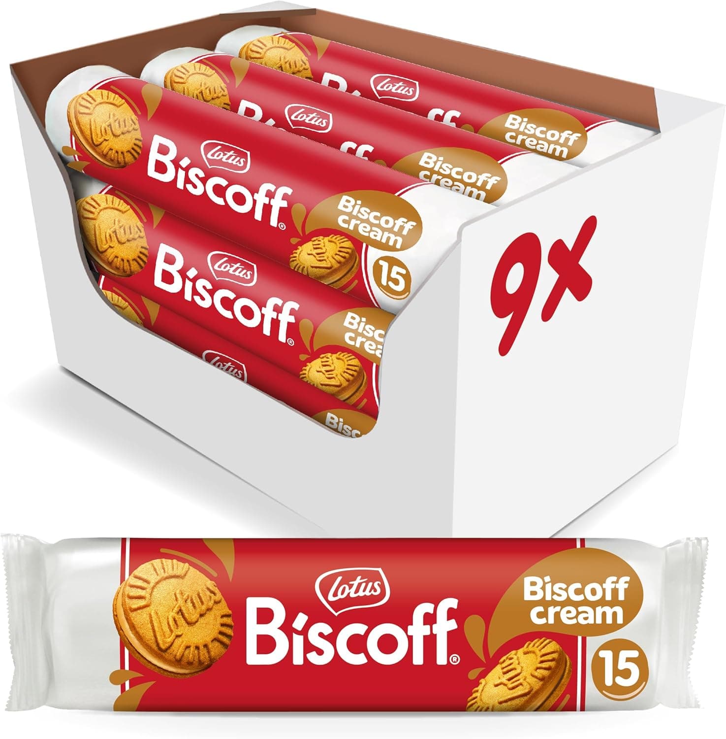 Lotus Biscoff | Bolachas com Recheio de Creme Lotus Biscoff | Vegan | Sem Corantes nem Conservantes | 15 Bolachas por Pacote | 9 x 150g (1,35kg)