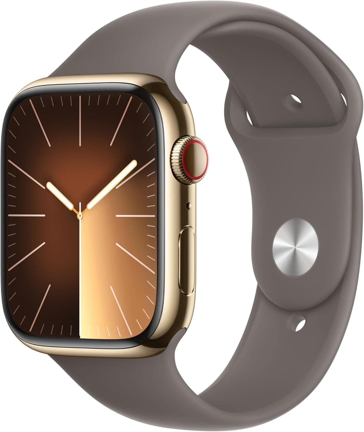 Apple Watch Series 9 (GPS + Cellular) Caixa de aço inoxidável em ouro de 45 mm - correia desportiva cor argila - tamanho S/M