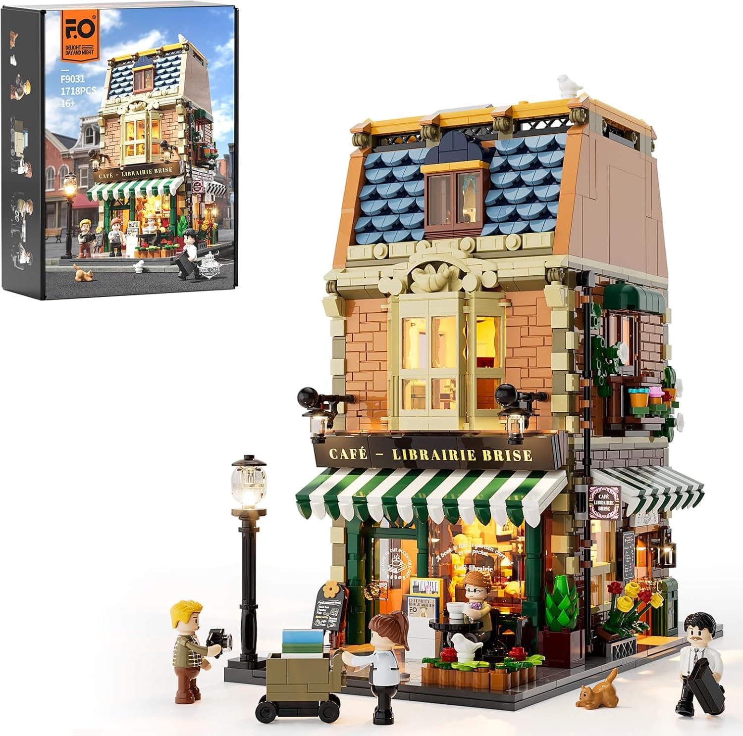 FUNWHOLE Conjunto de tijolos de iluminação para livraria café - casa de café na cidade com luz LED modelo de construção modular 1718 peças para adultos e adolescentes