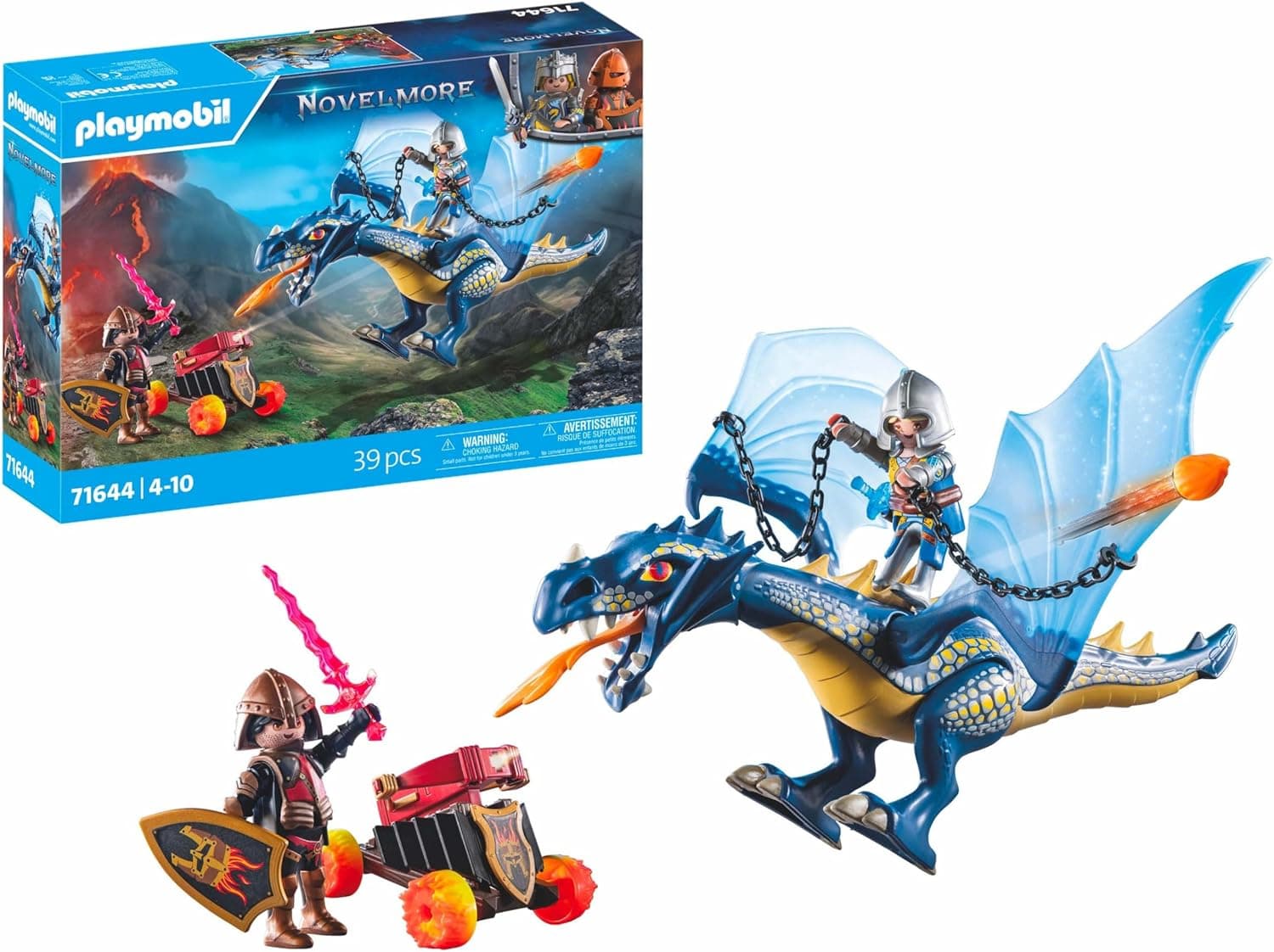 PLAYMOBIL Novelmore 71644 Dragão de combate, incluindo um dragão móvel, dois cavalheiros e acessórios para aventuras épicas, brinquedos cheios de ação para meninos e meninas a partir de 4 anos