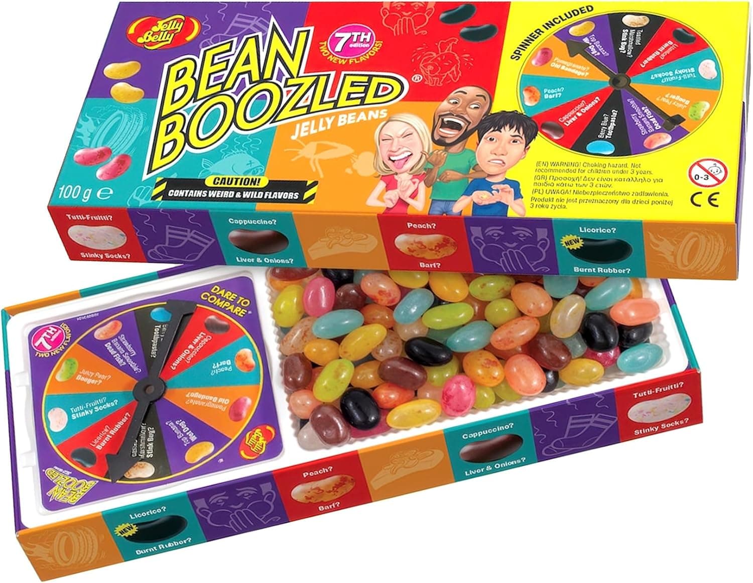 Jelly Belly Roleta Bean Boozled 7.ª edição, drágeas de 20 sabores estranhos e extravagantes - caixa inclui roleta, 100 g