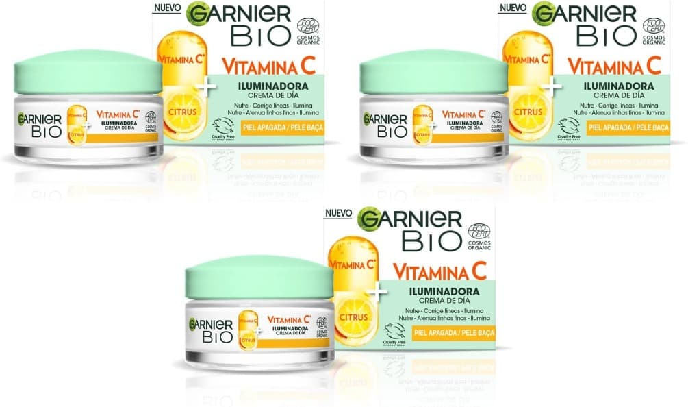 Garnier, Creme de dia iluminadora com vitamina C, corrige as linhas e potência a luminosidade em 24 H, fórmula vegana, 50 ml x 3