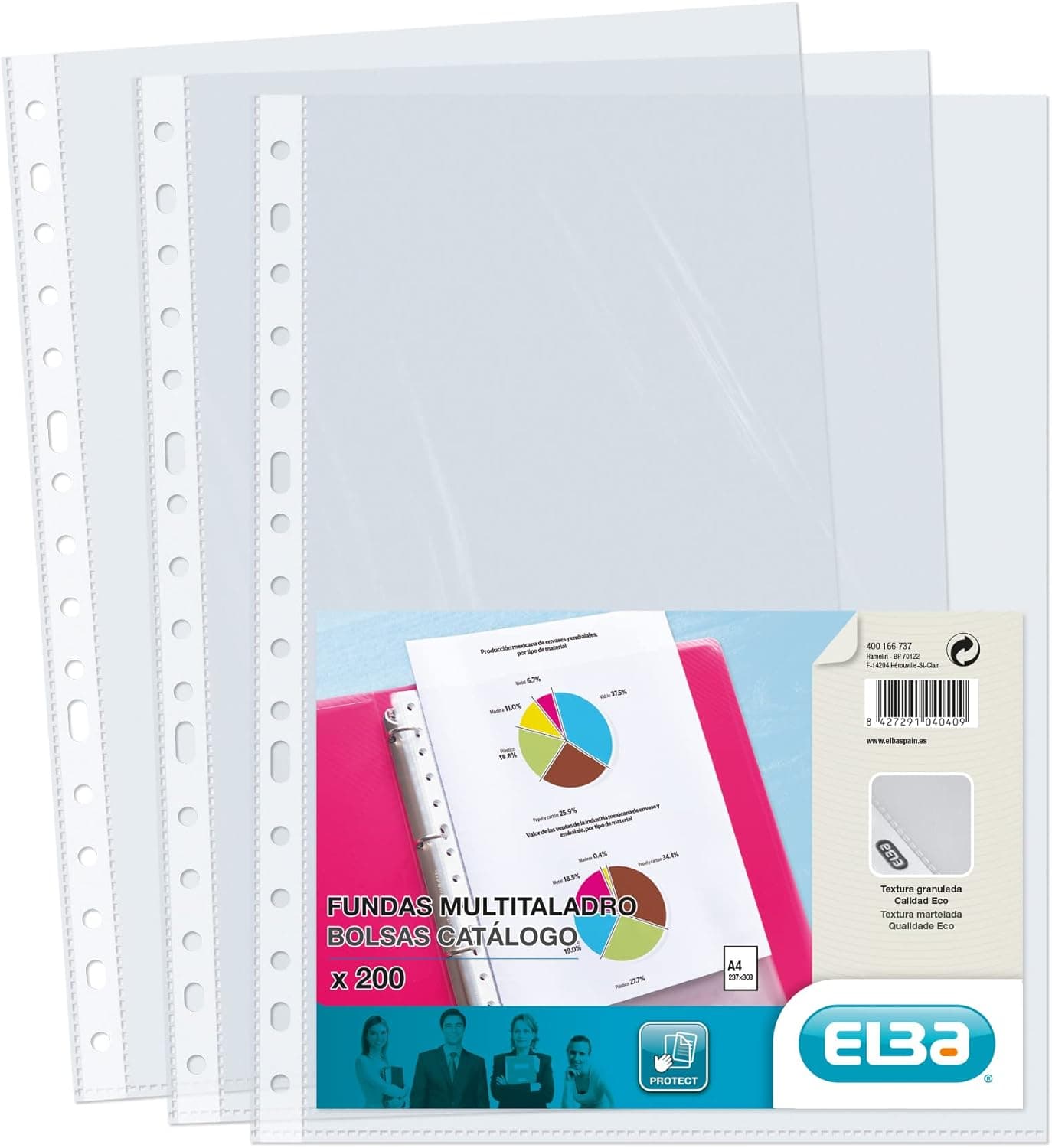 Elba Capas de plástico A4 transparentes, 200 unidades, multifunções, polipropileno, pele de laranja 70