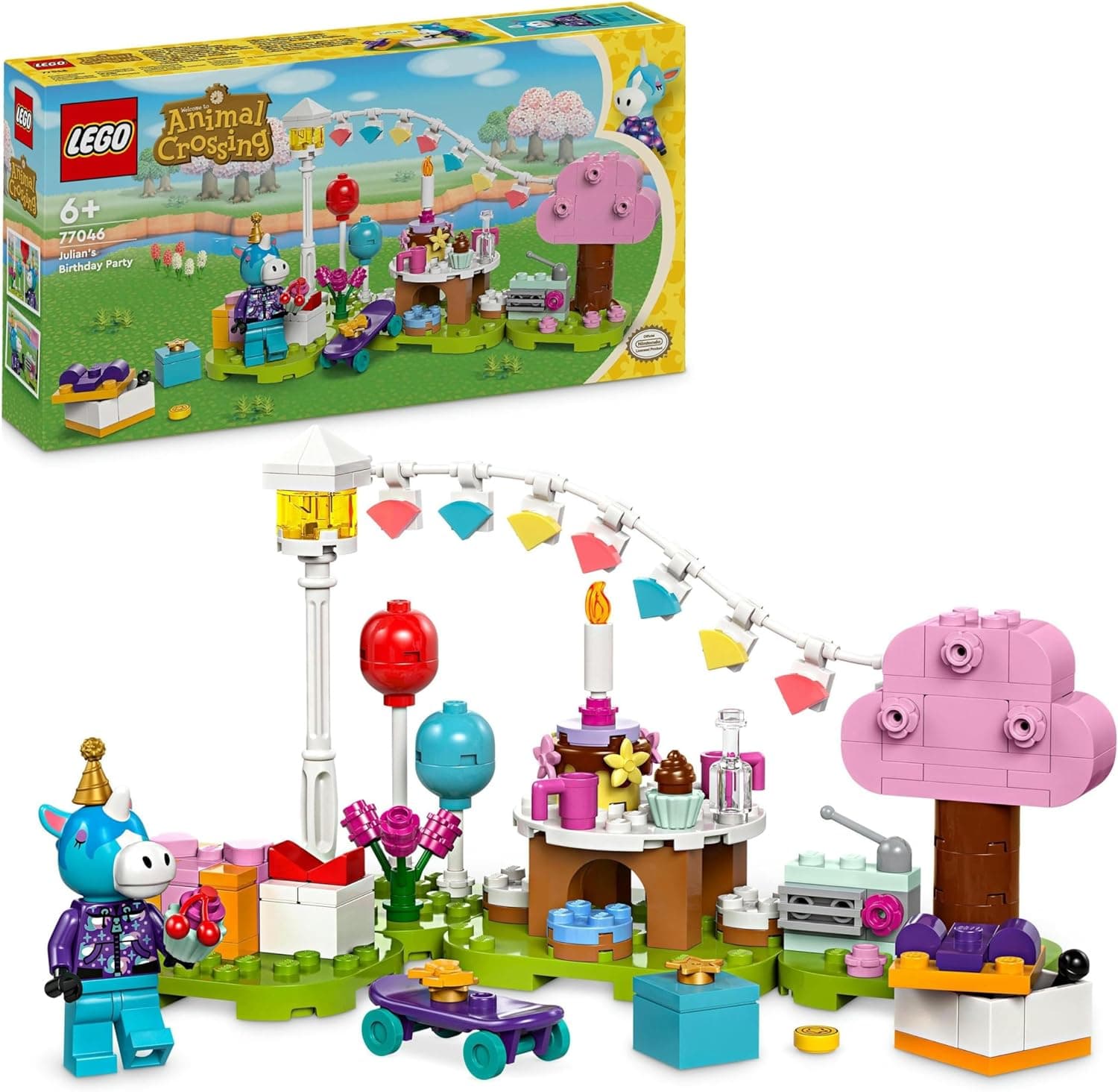 LEGO Animal Crossing festa de aniversário de azul brinquedo de construção criativa com minifigura de unicórnio de videojogos, presente para meninas e meninos de 6 anos ou mais 77046