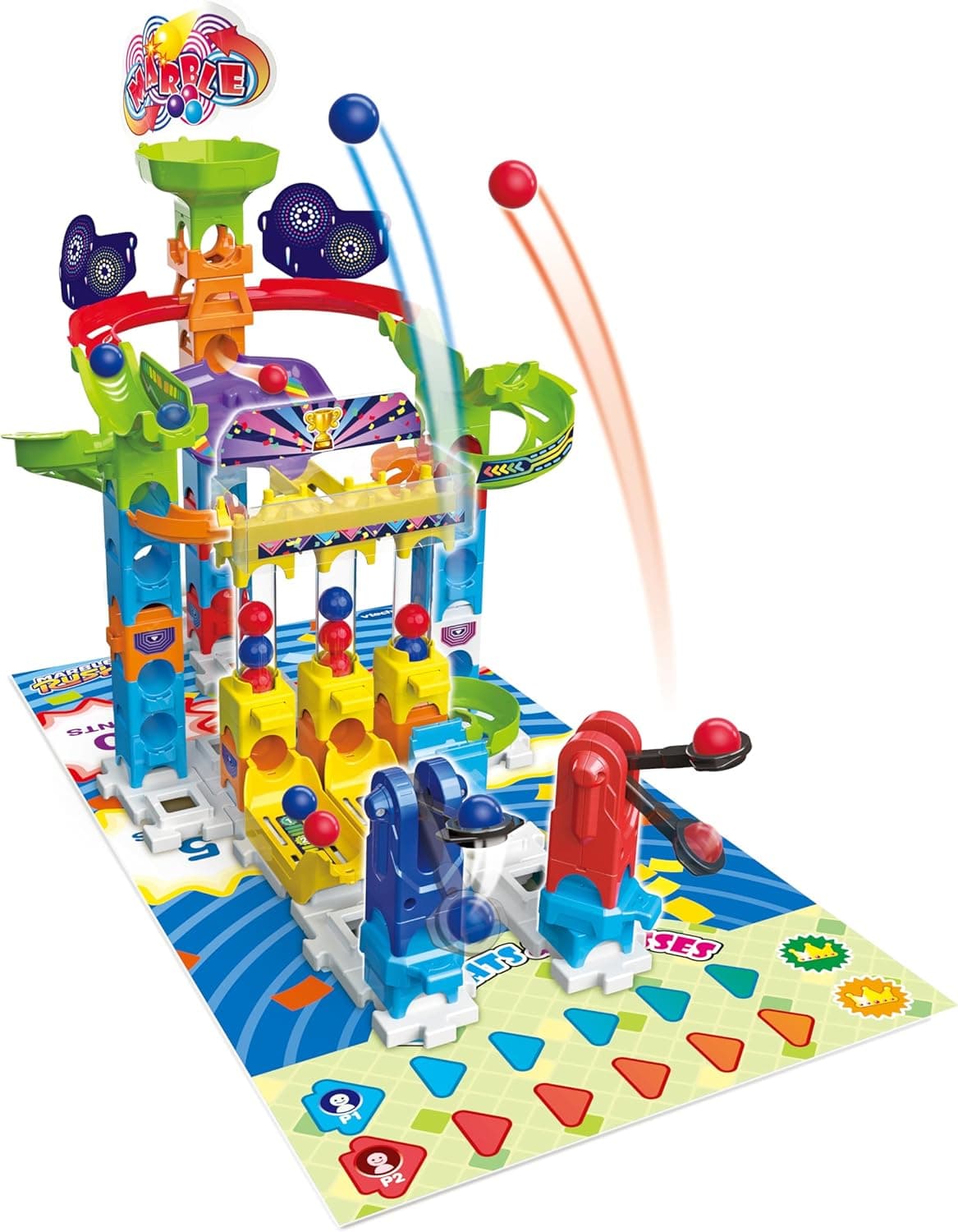 VTech - Marble Rush jogos de competição, brinquedo de construção, circuito de berlindes, 62 peças, 12 berlindes, 1 tapete de conjunto de dupla face e 6 fichas, presente crianças +4 anos