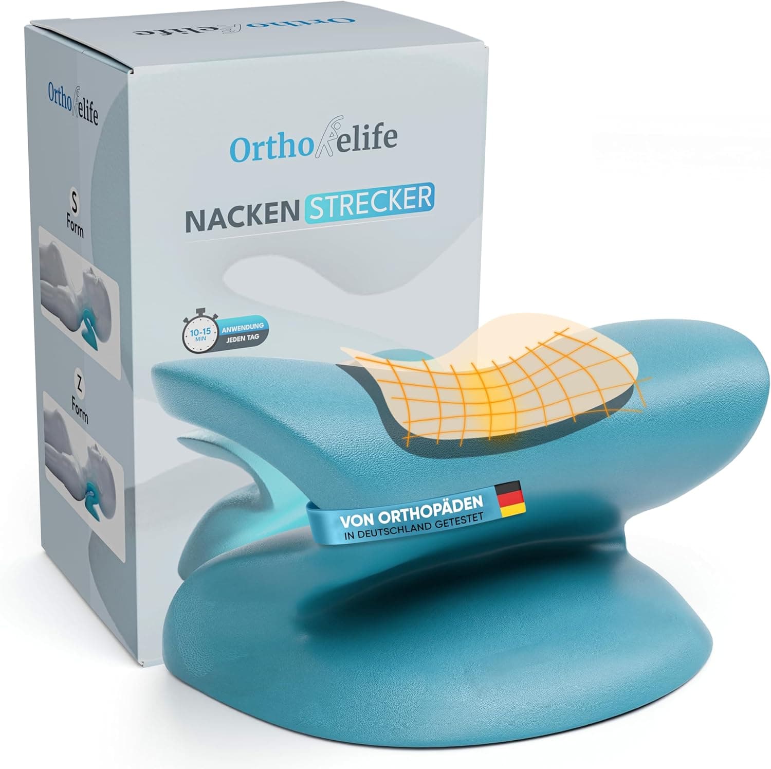 Orthorelife® Extensor de pescoço – Extensor ergonómico de pescoço para postura e relaxamento, alivia a dor no pescoço e nos ombros em 10 minutos, espuma viscoelástica de alta densidade (azul)