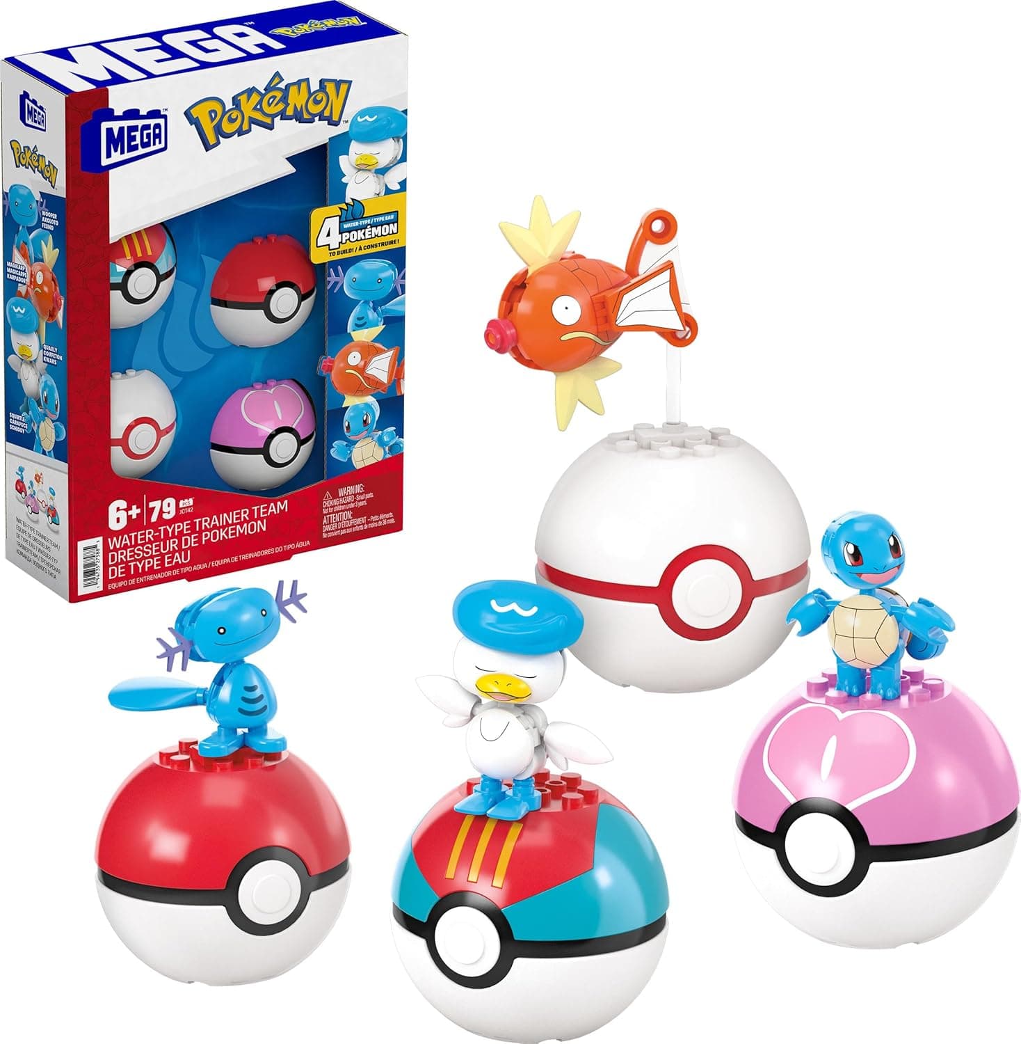 MEGA Pokémon Equipamento de treinador de tipo água conjunto de construção com figura de ação de 5 cm, 79 peças, para meninos e meninas, JCT42