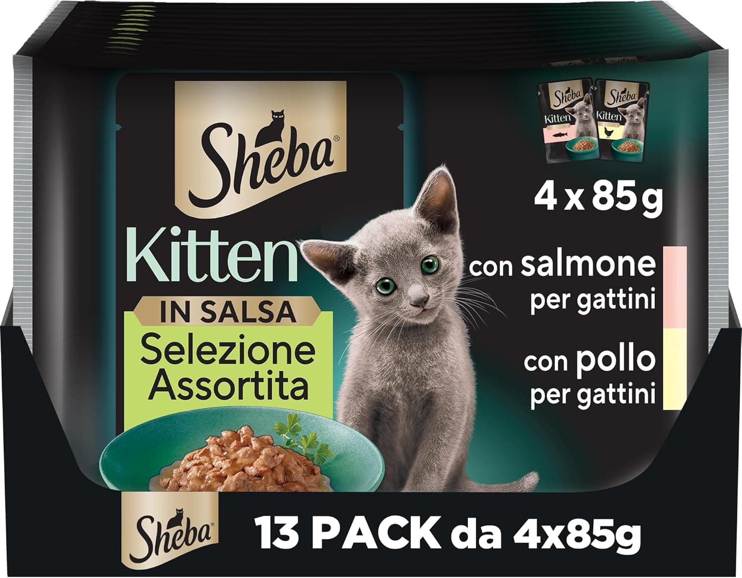 Sheba Kitten Selección Surtida | Alimentação húmida completa para gatinhos com salmão e frango, 52 embalagens de 85 g