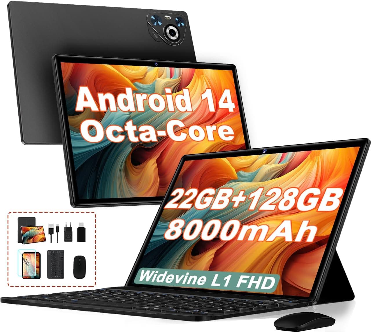 Dghrti 2025 Newest Tablet de 10 polegadas Android 14, 22 GB RAM+128 GB ROM (1TB TF), CPU Octa-Core, 8000 mAh, Widevine L1, duplo WiFi, BT 5.0, Face ID, 5 MP + 8 MP