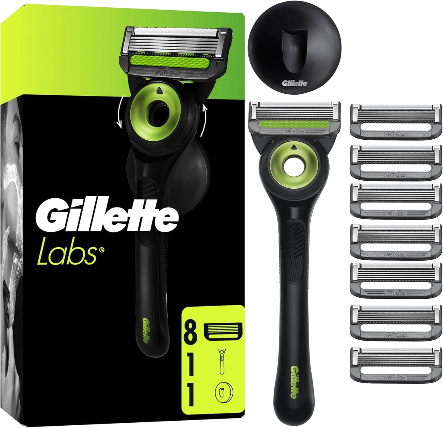 Gillette Labs Máquina de barbear Neon Night Edition com substituições, 1 cabo com barra de esfoliação integrada, 8 lâminas com faixa lubrificante, 1 suporte magnético