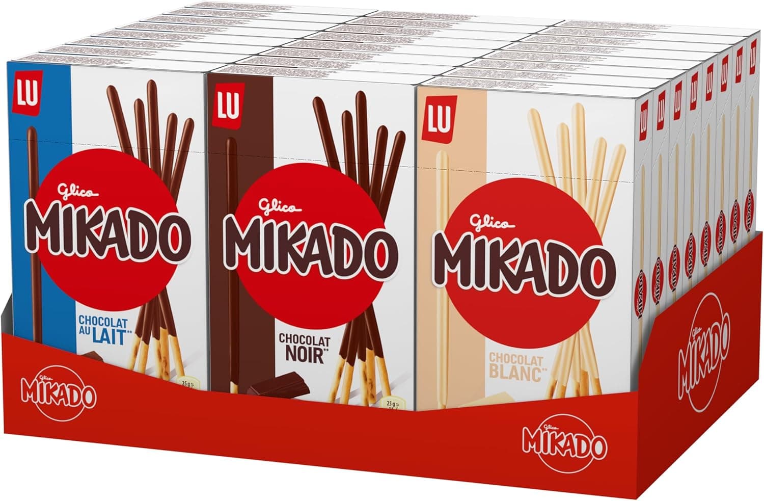 Mikado Mix | Caixa sortida com 24 packs de palitos de chocolate preto, branco e de leite