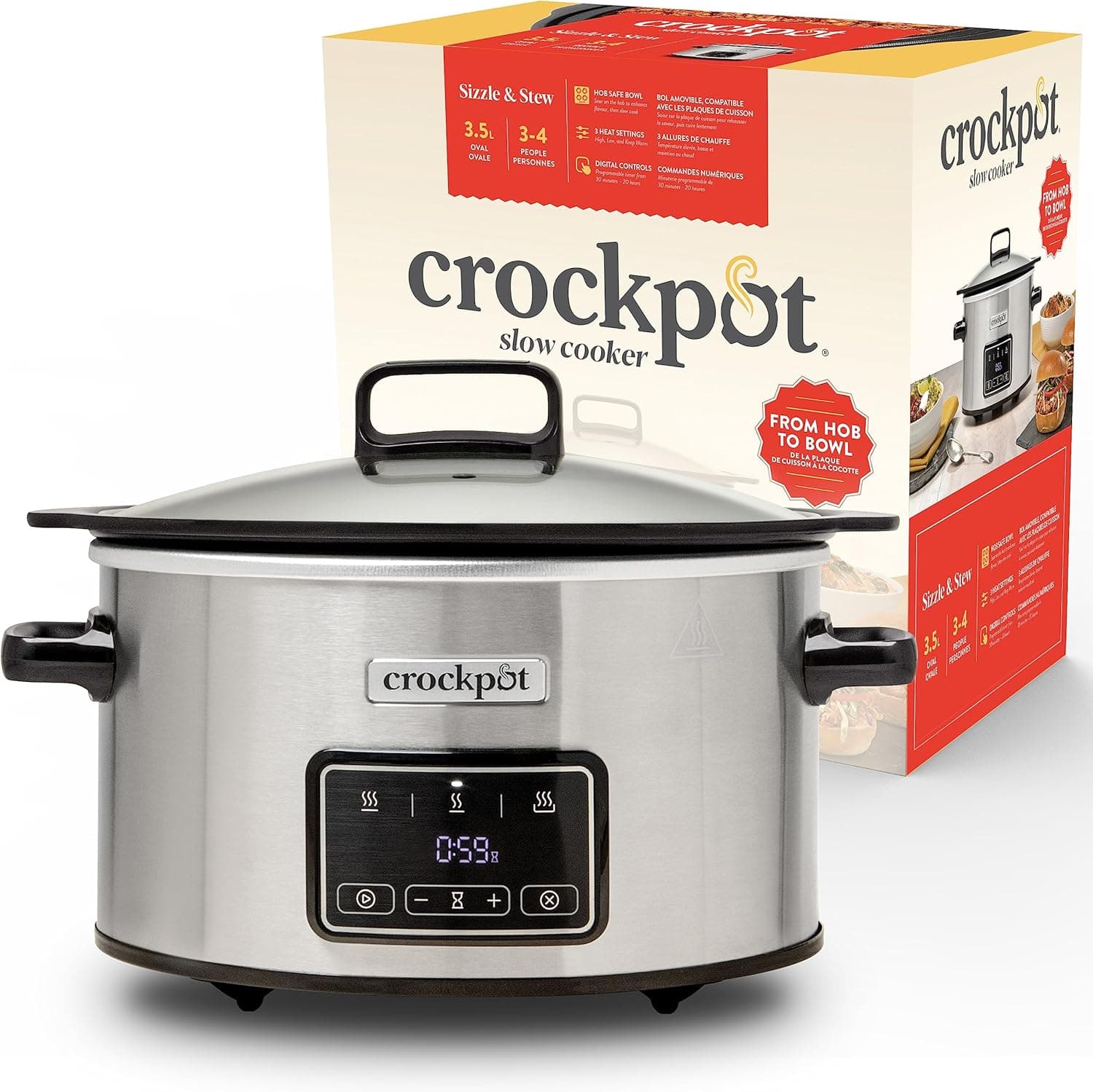 Crockpot digital de cozedura lenta Sizzle & Stew | 3,5 L (3-4 pessoas) | Recipiente removível adequado para placas de indução, carne e legumes, tomada EU 2 pin, aço inoxidável [CSC11X]