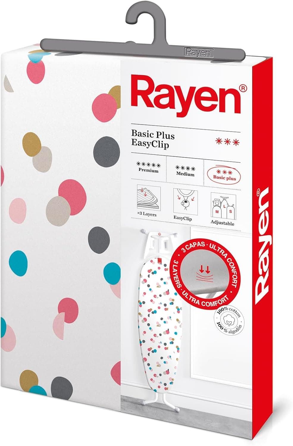 Rayen | Capa tábua de passar universal | capa de passar Ajuste EasyClip | 2 camadas: Espuma e tecido 100 % algodão | Gama Basic Plus | Medida: 130 x 47 cm | Estampado