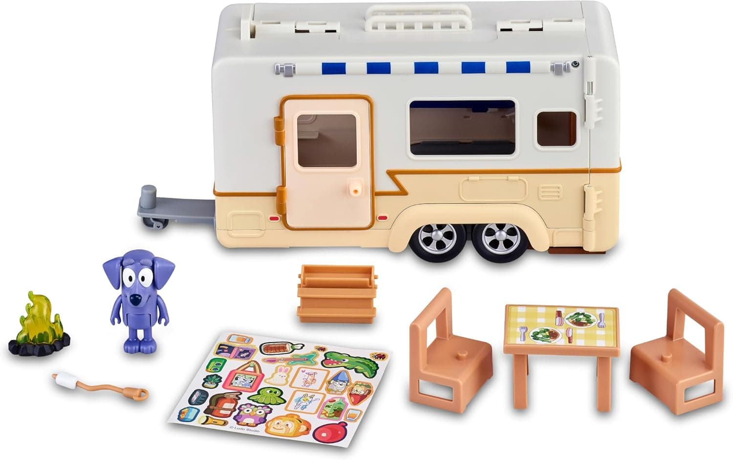 Bluey - Campervan, Brinquedo da Caravana de férias, 1 figura articulada da série, 6 acessórios de campismo e autocolantes decorativos, para meninos e meninas + 3 anos, famosa (BLY50000)