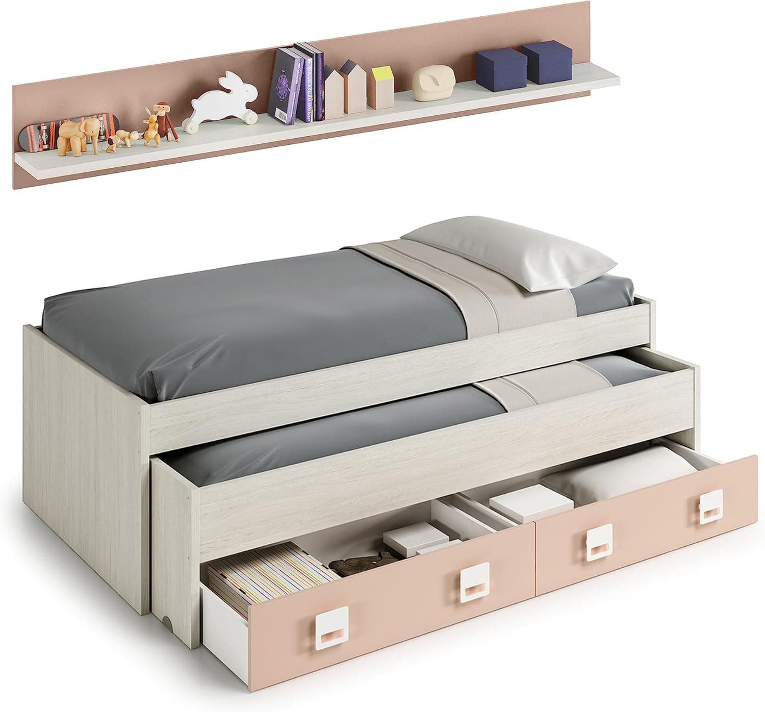 Habitdesign Cama de casal 2 gavetas e prateleira, modelo de nuvem, acabamento em branco Alpes e rosa pastel, medidas: 199 cm (comprimento) x 96 cm (largura) x 69 cm (altura)