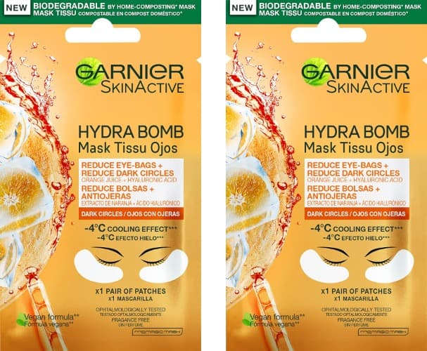 GARNIER Skin Active máscara de tecido contorno de olhos anti-fadiga e anti-orelhas com ácido hialurónico e extrato de laranja, 2 un