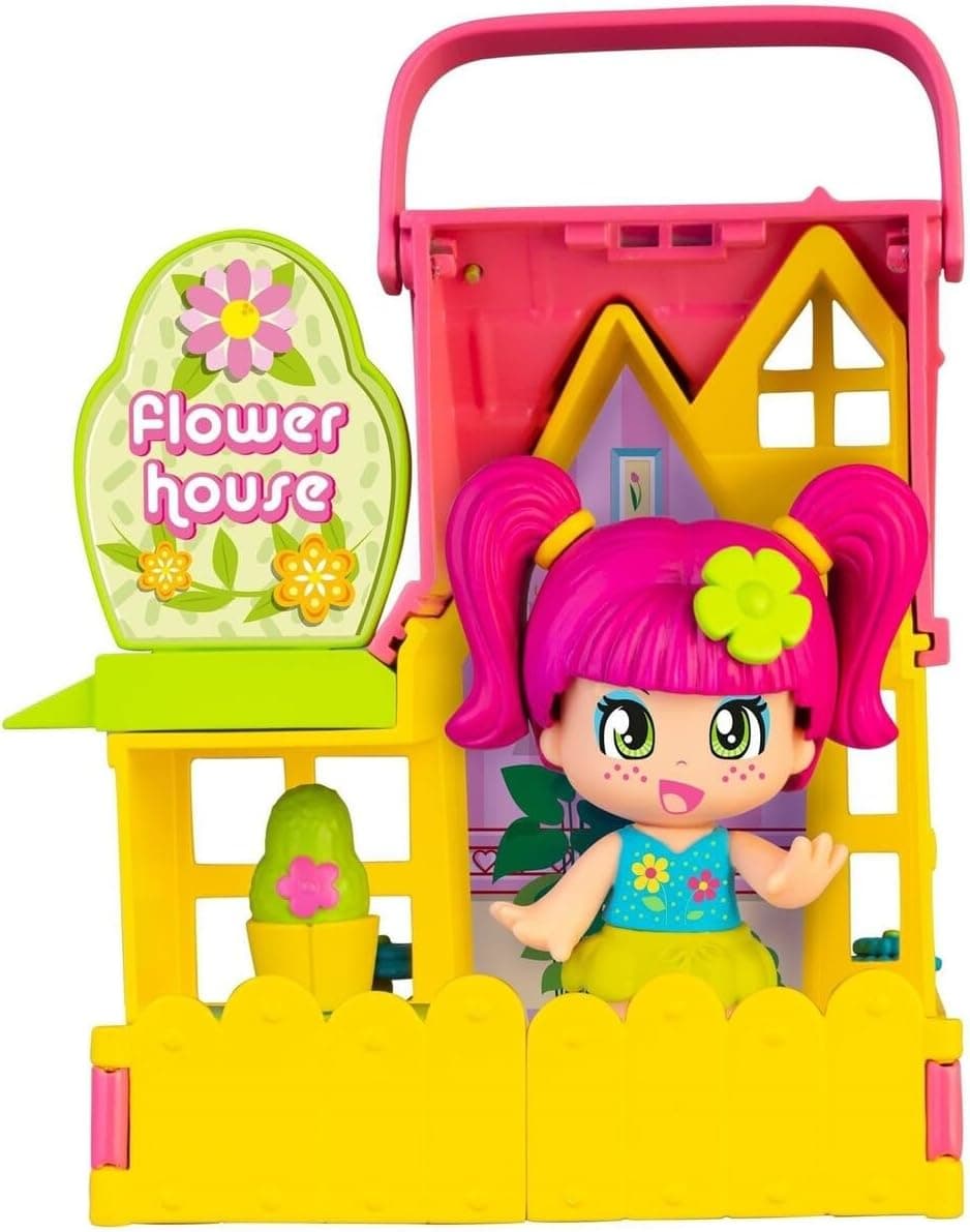 Pinypon, Casinha das flores, casa de brinquedo dobrável, de cor amarela e rosa, com acessórios, decorações de brincar e uma mini boneca, para meninos e meninas desde 4 anos, famosa (PNY26100)