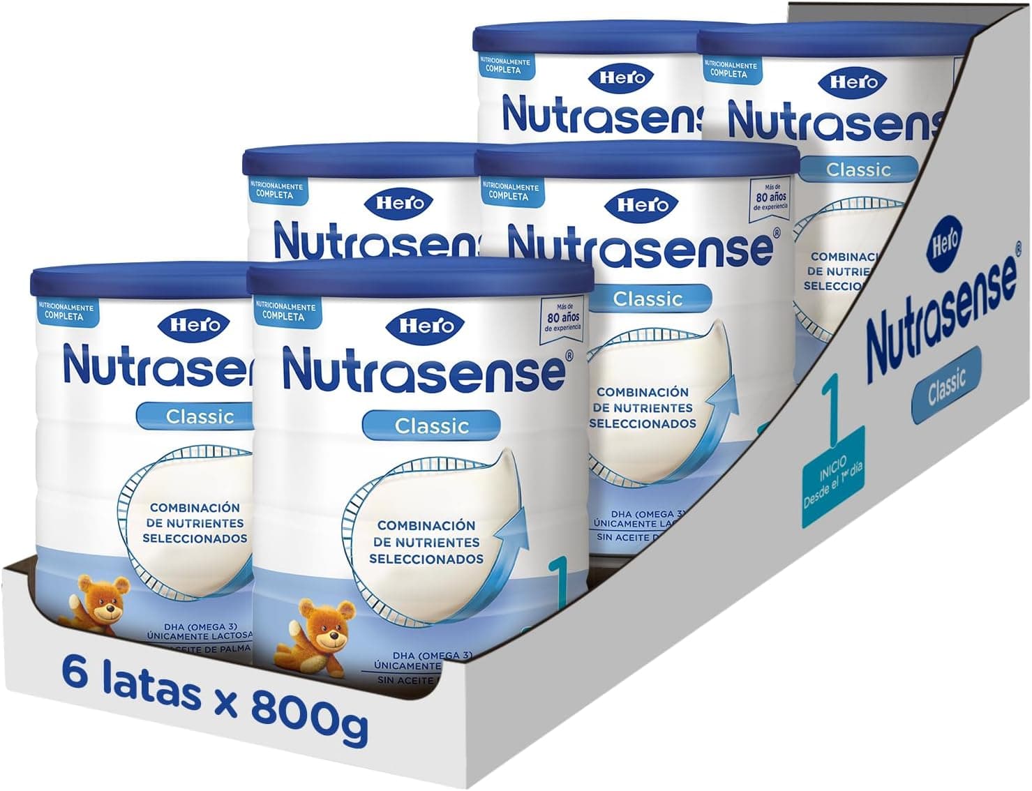 Hero Baby Pack de 6 leite de continuação Nutrasense Classic 1, 6 x 800 g, para bebés de até 6 meses, contribui para o bem-estar, desenvolvimento cognitivo e visual, fortalece o seu sistema