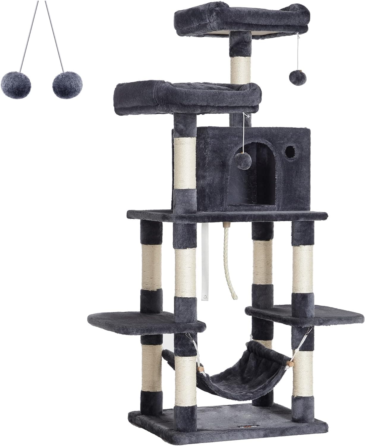Feandrea Árvore de gatos com pompões, torre de gatos 150 cm, cinzento fumado PCT85G