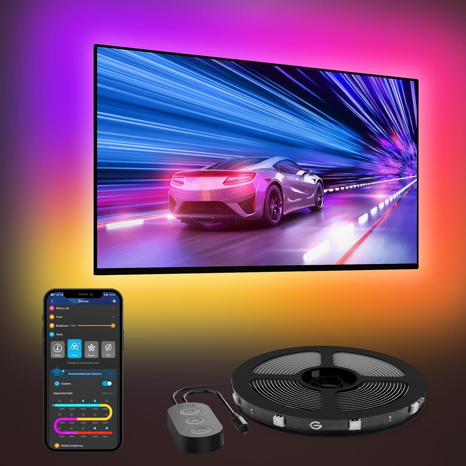 Govee LED TV Backlight, 2,4 m RGBIC Smart Strip para televisores de 40 a 50 polegadas, faixa LED com controlo Bluetooth e Wi-Fi, funciona com Alexa e Google Assistant, sincronização musical