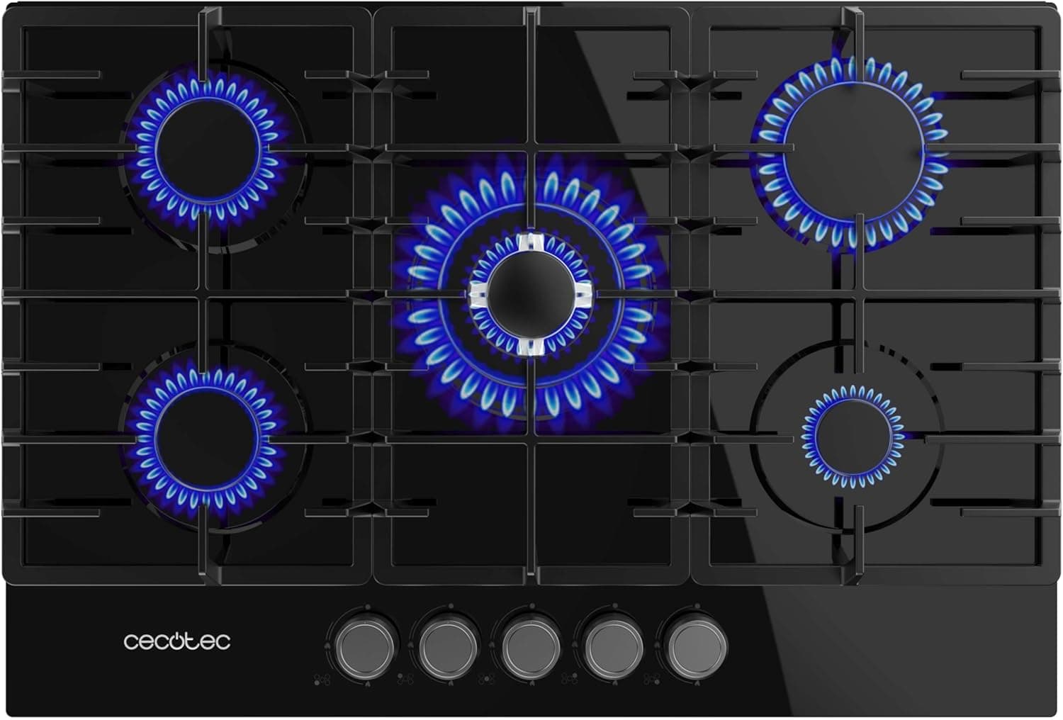 Cecotec Placa de gás butano e natural 5 fogos Bolero Squad G 5200F Glass Black. 11000W, vidro preto, grelhas completas ferro fundido, WOK coroa tripla, ignição elétrica, sistema de segurança