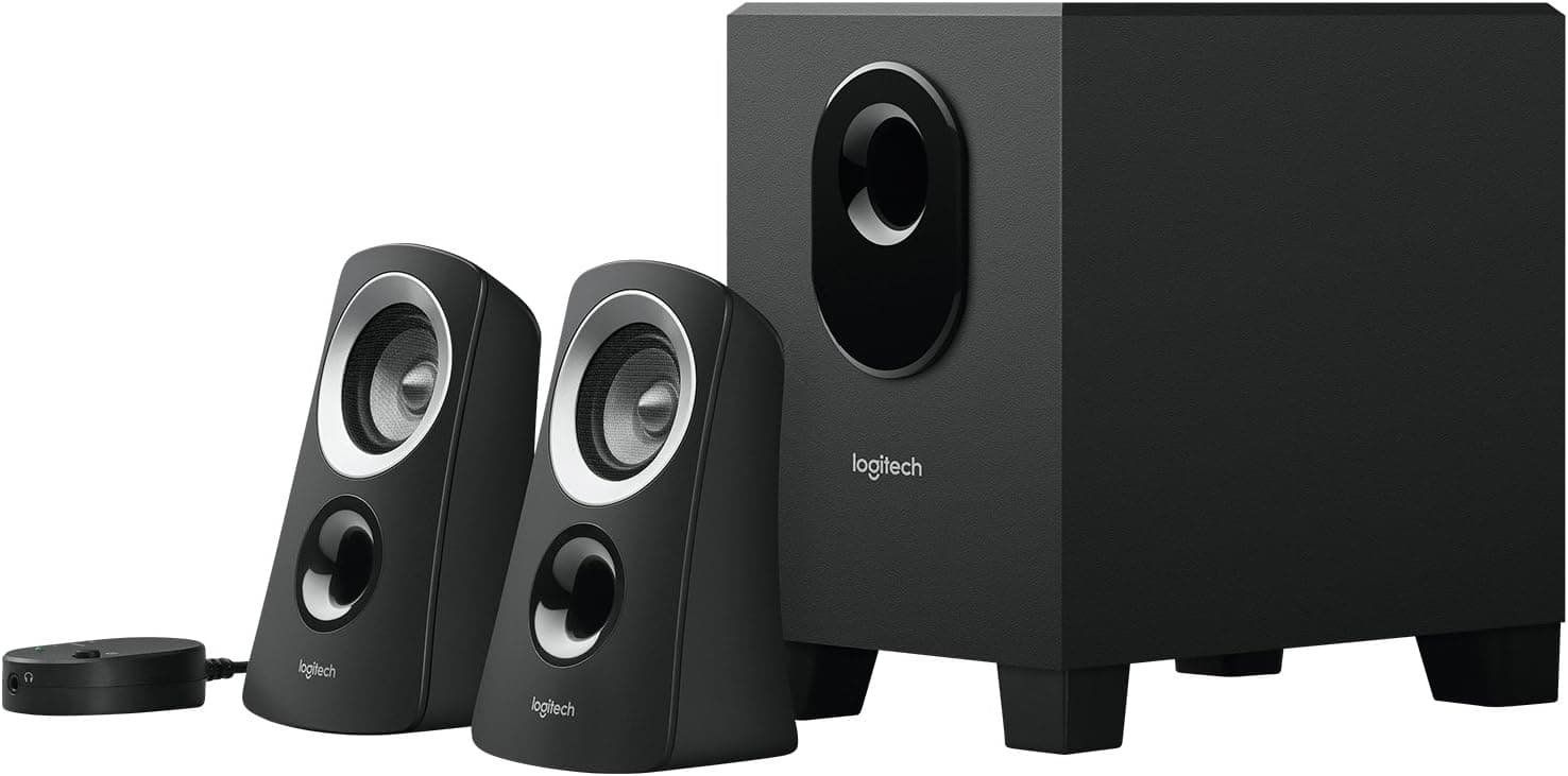 Logitech Z313 Sistema de colunas 2.1 com subwoofer, som completo, 50 W de pico, graves potentes, entrada de áudio 3,5 mm, comando, tomada UE, PC/PS4/Xbox/TV/Smartphone/Tablet, preto
