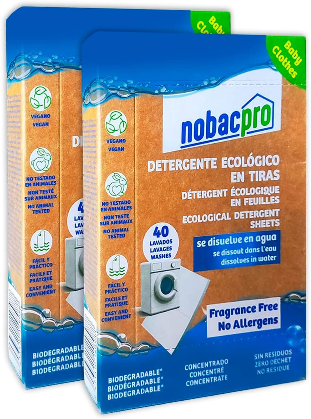 NobacPro - Detergente em tiras para máquina de lavar | até 80 lavagens - 40 tiras | Olor Free Fragance | 100% ecológico, hipoalergénico e vegano, não contém plásticos, fabricado em Espanha